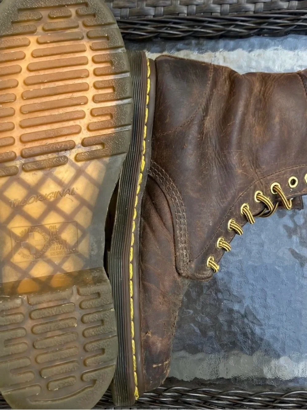 Dr. Martens 1460 Crazy Horse leather brown boots with yellow laces